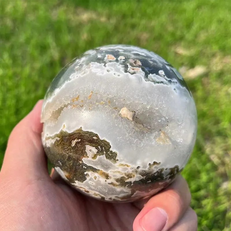 Bán Buôn Chất Lượng Cao Tự Nhiên Moss Agate Geode Sphere Thạch Anh Chữa Bệnh Pha Lê Geode Balls Cho Phong Thủy