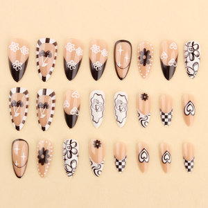 <span class=keywords><strong>Uñas</strong></span> Postizas Largas en Forma de Almendra, Estilo Retro Graffiti en Blanco <span class=keywords><strong>y</strong></span> Negro con Diseños de Dados <span class=keywords><strong>y</strong></span> Flores, Venta al Por Mayor - Product Image 5