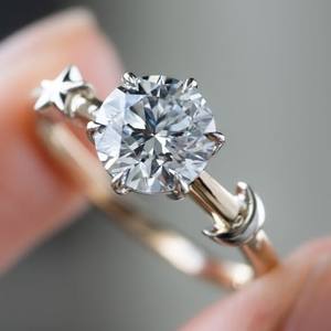 Bague en diamant étoile et lune en or 18 carats, sertie de six griffes, bague de fiançailles pour femme, bijoux de mode - Product Image 1