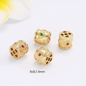 Gold Color Preserving Openwork Gemstone Inlaid Barrel <b>Spacer</b> Beads For DIY Jewelry Making Round Lucky Beads 18K Plated - Product Image 2