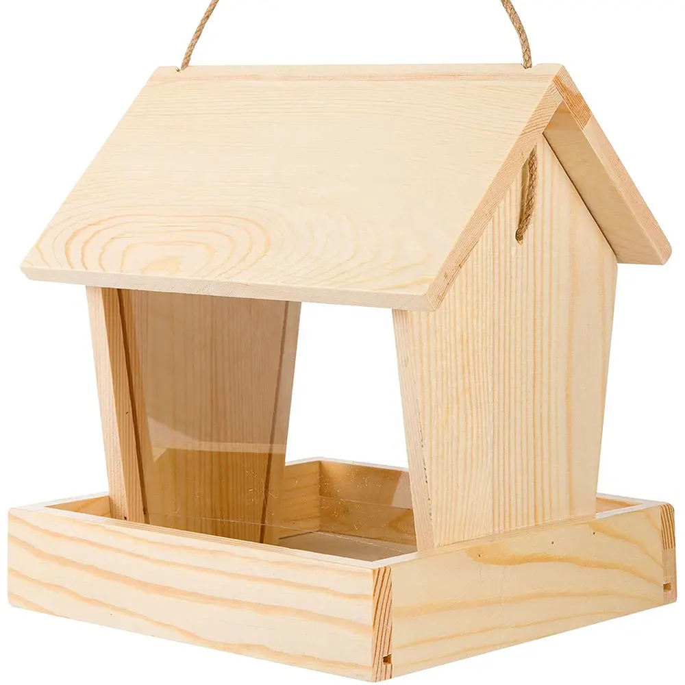 Creative Wooden Wild Bird Feeder Solid Bird House Feeder with Roof and Plastic Side Panels wooden outdoor bird feeder