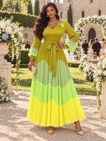 Robe longue plissée Miyaki pour femmes grandes tailles, dégradé de couleurs, col en V, manches longues, pour soirée et mariage