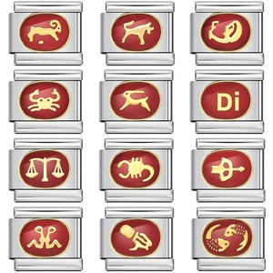 Abalorios Modulares de Acero Inoxidable de 9mm con Signos del Zodíaco Italianos, Esmalte Rojo, Horóscopo, Oro, para Pulseras, Joyería al por Mayor - Product Image 2
