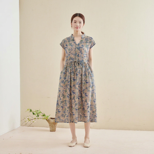 Vestido Casual Holgado sin Cuello con Estampado Floral, Manga Corta, Largo hasta la Rodilla, Tipo Camisero, con Cintura Ajustable, 100% Algodón Tejido, ODM, Ropa de Playa para Verano - Product Image 1