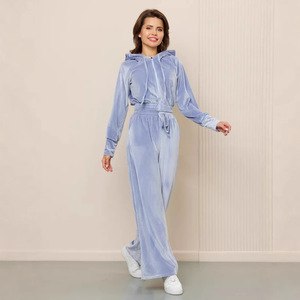 Completo da donna in due pezzi Cardigan con cerniera tuta in velluto per Pullover con coulisse - Product Image 4