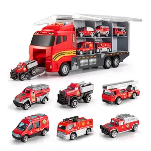 फ्रीव्हील डाइकास्ट ट्रेलर बड़े खिलौने परिवहन कार वाहक ट्रक 6 धातु कारों के साथ सेट