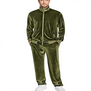<b>Men</b> Olive Green <b>Velvet</b> Tracksuit Set Stand Collar Zip Up <b>Jacket</b> and Pants Two Piece Casual Outfit - Product Image 1