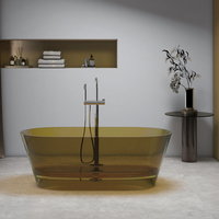 Baignoire ovale moderne en verre transparent portable, autoportante, avec drain, avec divers accessoires en résine colorée et en cristal