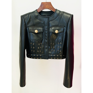 HIGH STREET nouvelle mode 2023 Designer Blazer femmes col rond corde à lacets garni <span class=keywords><strong>veste</strong></span> en <span class=keywords><strong>cuir</strong></span> artificiel - Product Image 2