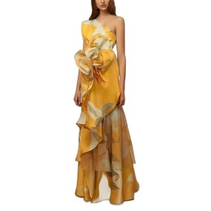 Vestido de Noche Largo, Asimétrico, de Satén Azul con Estampado Floral, de un Solo Hombro, Estilo Sirena, para Eventos Formales - Product Image 5