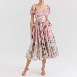 Robe midi d'été décontractée pour femme, couleur rose, imprimé floral, taille à lacets, manches courtes, fermeture éclair au dos, avec doublure - Product Image 1