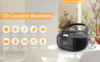 Lecteur de cassettes portable BT, lecteur CD, radio AM/FM, entrée AUX, lecteur USB, son stéréo double, prise audio, enregistrement sur cassette, télécommande