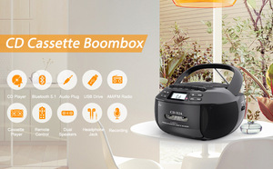 Reproductor de Casetes Portátil con Bluetooth, Reproductor de CD, Radio AM/FM, Entrada AUX, Puerto USB, Sonido Estéreo Dual, Grabación de Casetes, Control Remoto - Product Image 2