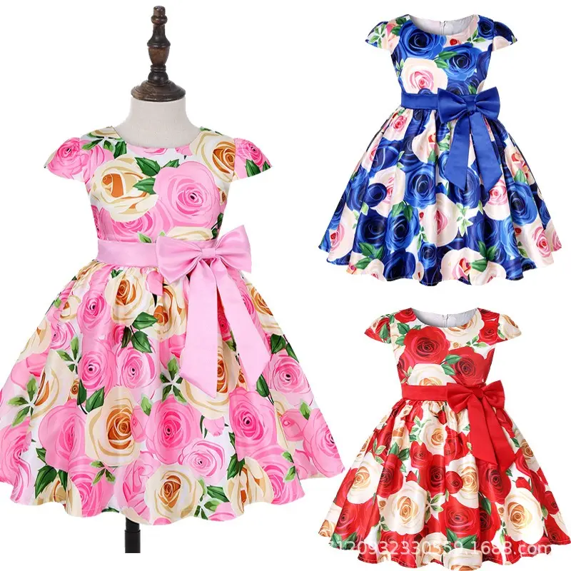 Хлопковые тканые платья трапециевидной формы с коротким рукавом и бантом, одежда для девочек, летние платья для девочек с цветами