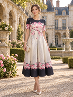 Robe midi élégante à imprimé floral pour femme, robe d'été pour invitée de mariage, robe trapèze à manches courtes, robe vintage pour soirée dans le jardin, robe de danse fluide