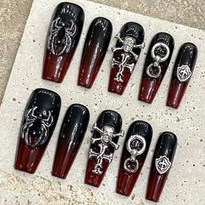 <span class=keywords><strong>Uñas</strong></span> <span class=keywords><strong>Postizas</strong></span> Hechas a Mano de Alta Calidad, Forma de Ataúd Larga, Color Rojo, Flores Pequeñas Pintadas a Mano, Reutilizables, Venta al Por Mayor de Fábrica - Product Image 5