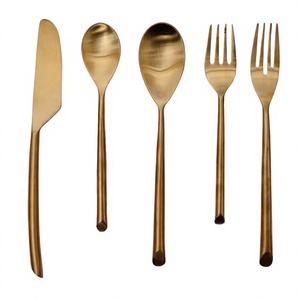 Ensemble de couverts en acier inoxydable doré, 5 pièces, couteau, fourchette, cuillère, finition satinée, couverts modernes, vaisselle de luxe, vente en gros - Product Image 1