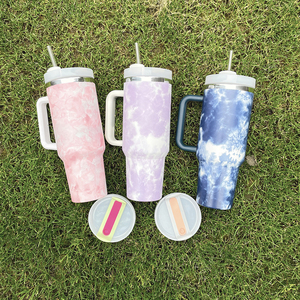 Available Stainless Steel Beer Mug Water <strong>Bottle</strong> 40oz <strong>Ocean</strong> Blue Tie-Dye Tumblers with Handle and Straw - Product Image 6