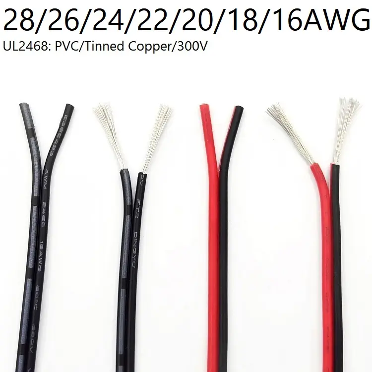 Cable de cobre eléctrico de 2 pines, tira de luces LED de 28, 26, 24, 22, 20, 18 y 16 AWG, Cable de iluminación de PVC extensible, Blanco, Negro, Rojo, UL2468