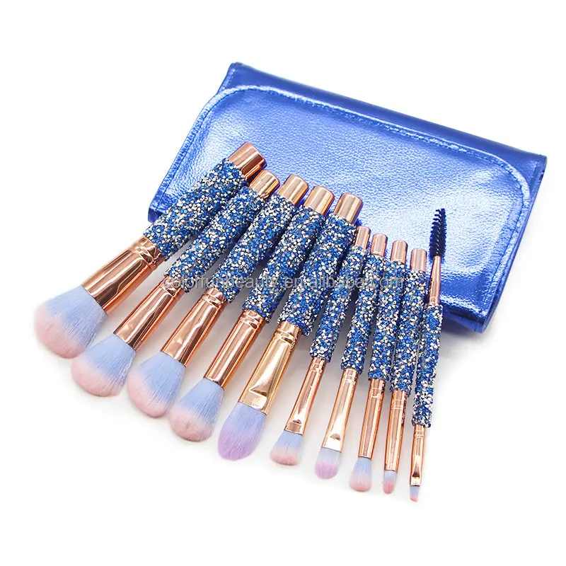 Make your own label Rose golden Glitter makeup brushes 10pcs Shiny Crystal diamond foundation brush set with PU bag