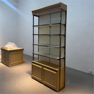 Étagère murale de présentation pour magasin avec armoire, gondole murale, étagères à cadre doré, vitrine de présentation à panneaux rainurés - Product Image 2