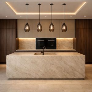 YUSHI Piano Cucina in Quarzo Artificiale Grigio Crema Personalizzato Stile Taj Mahal per Decorazione Hotel, Appartamenti e Ville - Product Image 1