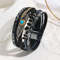 Bracelet enveloppant pour femme de style bohème vintage, de haute qualité, avec pierre naturelle et fermoir magnétique en cuir turquoise
