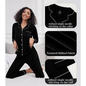 Pyjamas en viscose de bambou pour femmes, doux et côtelés, ensemble 2 pièces, haut boutonné et pantalon, tailles S à XXL - Product Image 3