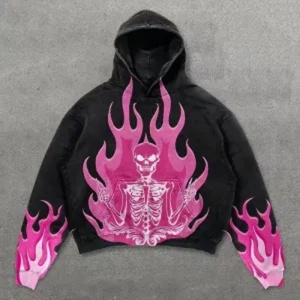 Custom Streetwear Skeleton Fire Print Vintage Washed Men's Hoodies Sweatshirts High Quality <b>Gothic</b> Oversized Pullover Hoodie - Product Image 2