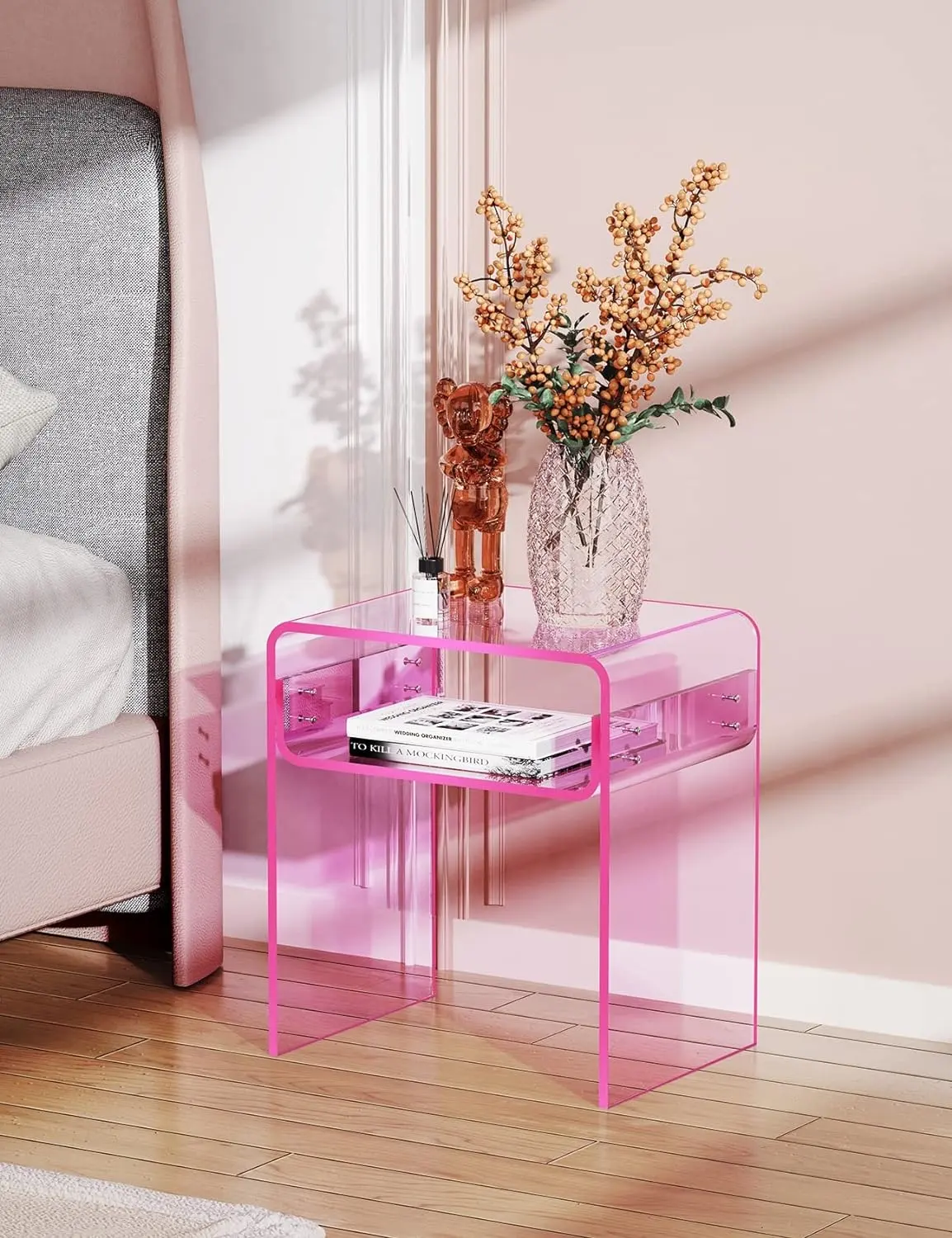 Meja akhir akrilik bening 2 tingkat, tempat tidur samping tempat tidur untuk dekorasi rumah ruang tamu kamar tidur (merah muda)