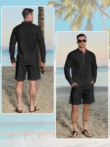 Ensemble décontracté 2 pièces JEMLDL pour <span class=keywords><strong>homme</strong></span> en fibre de bambou 100 %, chemise Henley cubaine à manches longues et short, <span class=keywords><strong>tenue</strong></span> d'été pour les vacances à la plage - Product Image 5
