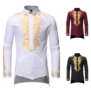 2024 New Design Middle Eastern Style Muslim Toga Men's Personalized Bronzed Mid-Length Long Sleeved Shirt