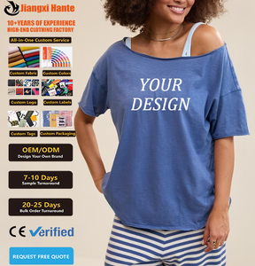 T-shirt à manches courtes pour <span class=keywords><strong>femme</strong></span>, coupe ample et oversize, avec logo imprimé personnalisé, doux et respirant, épaules dénudées, bords bruts, style basique - Product Image 1