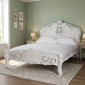 French Rococo White Painted Hand Carved Mahogany Wooden <b>Beds</b> - Product Image 2