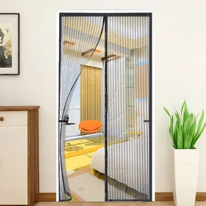 Nouveau design de porte moustiquaire en maille magnétique d'été rideau de porte anti-moustique avec crochet et boucle à cadre complet et dentelle supérieure