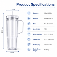 Gobelet de voyage personnalisé de 40 oz à double paroi, anti-fuite, sans BPA, avec paille en plastique, couvercle réutilisable, poignée et design de dessin animé mignon