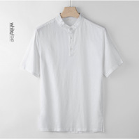 T-shirt Homme Perlé en Coton et Lin à Manches Courtes, Léger, Couleur Unie, Style Chinois Rétro Décontracté, Col Montant, Idéal Été