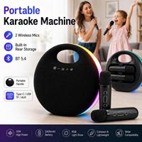 Machine de karaoké portable avec 2 microphones sans fil BT 5.4, lumière RGB 10W, stockage arrière intégré, batterie 2400mAh, pour fêtes à domicile