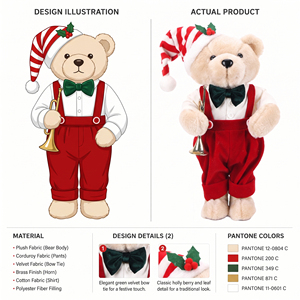 Beige Striped Hat Trumpet Teddy Bear Plush Standing <b>Xmas</b> Figure for Retail Shelf Holiday Decor Bulk - Product Image 3