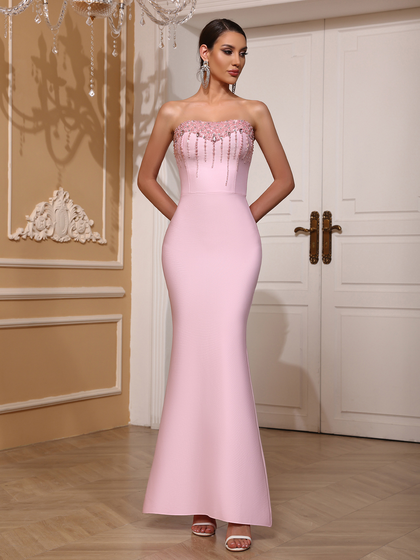 Pink Strapless Mermaid Dress - Beaded Floor-Length Wedding Gown