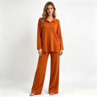 Ensemble de survêtement en tricot mélange de laine effet cachemire pour femme, pull à col polo et pantalon large, tenue décontractée d'hiver en 2 pièces