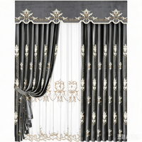 Rideaux en velours gris anthracite de luxe Zhu avec broderie dorée et cantonnière plate pour salon de villa moderne