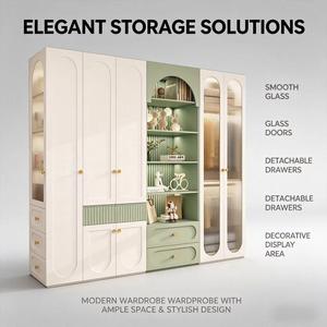 Armoire moderne minimaliste crème style français, porte laquée courbée avec étagères contrastées, vitrine latérale pour rangement de chambre - Product Image 1