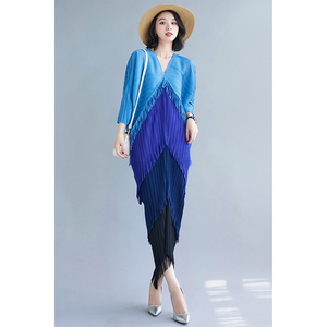 Eleganti <span class=keywords><strong>Abiti</strong></span> <span class=keywords><strong>da</strong></span> <span class=keywords><strong>Sera</strong></span> in Poliestere per Donne Africane Taglie Forti <span class=keywords><strong>Taglia</strong></span> Unica Lunghezza Lunga con Frange a Contrasto Colore Plissettato Stile Sexy - Product Image 3