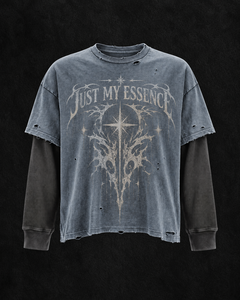 Camiseta de manga larga para hombre, estilo vintage, con efecto lavado ácido, diseño de dos piezas falsas, rasgada, desgastada, con estampado gráfico gótico, oversize, estilo streetwear, con efecto de capas - Product Image 1