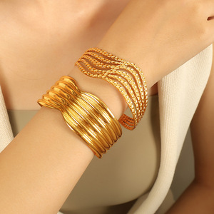 Geometric Design Open <b>Bangle</b> Titanium Steel Wave Shaped Jewelry Unisex Fashion <b>Bracelet</b> - Product Image 4