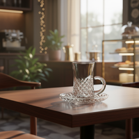 Tasse à thé/café en verre taillé diamant avec soucoupe et anse incurvée, 110 ml, écologique, pour usage domestique/bureau, élégante et texturée