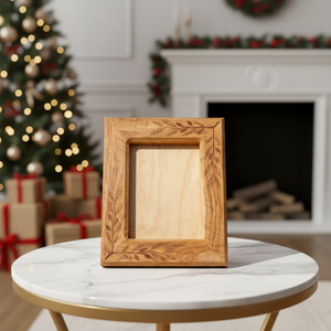 Cornice Fotografica in Legno Ecologica Personalizzabile Realizzata in Pregiato Legno d'Ulivo |   Design Inciso con Foglie di Ulivo Greco, Artigianato Saniya - Product Image 2