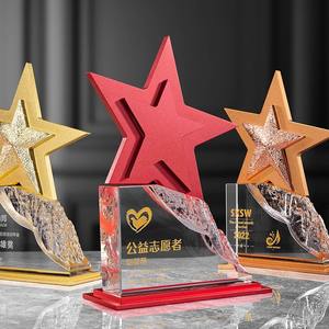 कस्टमाइज्ड प्रिंटिंग क्रिस्टल मेटल गोल्ड सिल्वर सिल्वर स्टार ट्रॉफी मेटल क्रिस्टल ट्रॉफी ब्लू रेड स्टार अवार्ड - Product Image 2