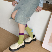 Chaussettes mi-mollet pour femme, fines, en coton et maille respirante, style coréen, à blocs de couleur contrastants, ajourées et froncées, pour l'été, vendues à l'unité